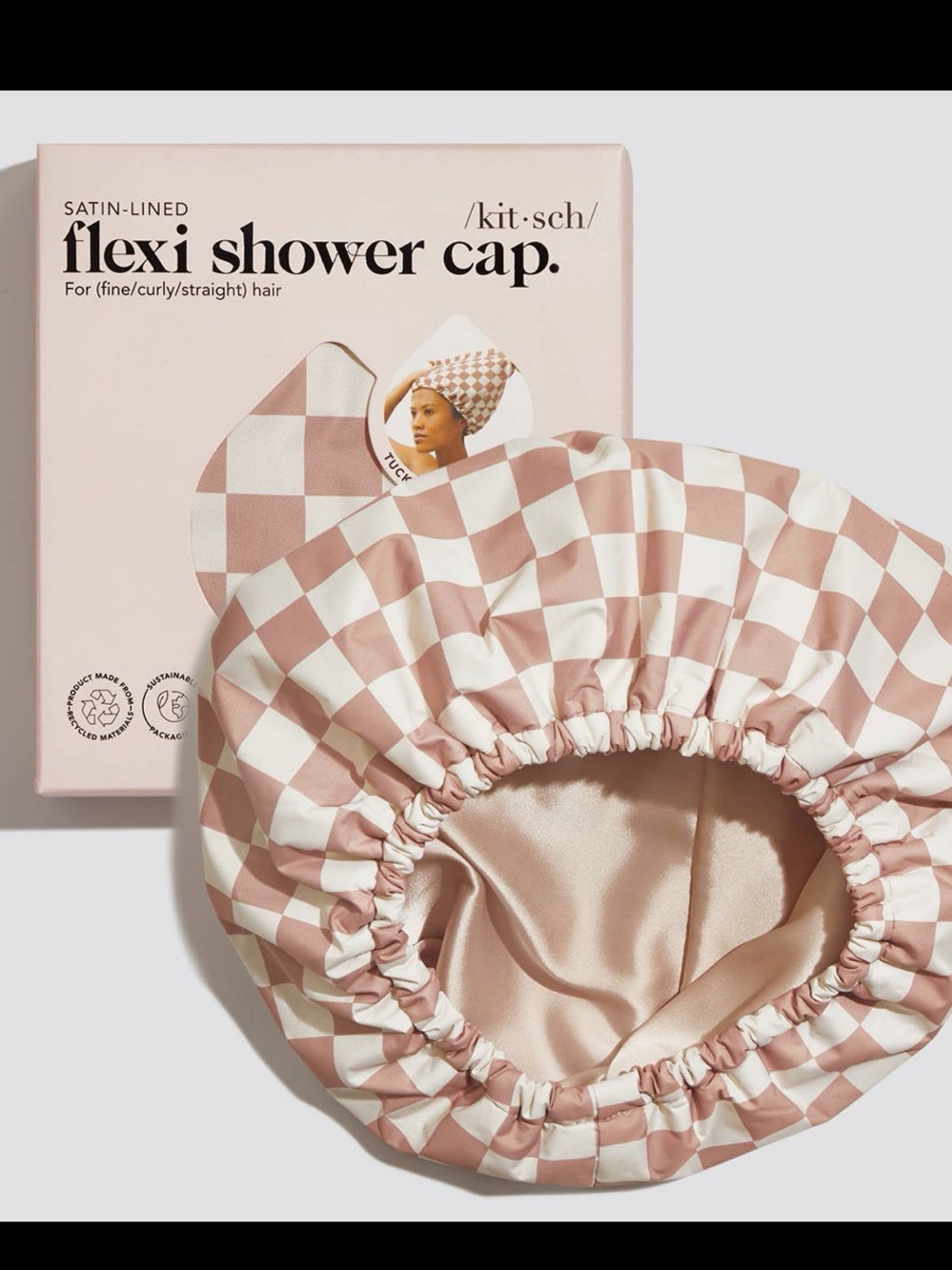 Kitsch Pink and White Checkerboard Satin-Lined Flexi Shower Cap